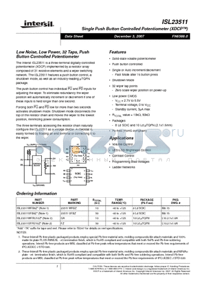ISL23511 datasheet - Low Noise, Low Power, 32 Taps, Push Button Controlled Potentiometer