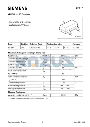 Q62702-F42 datasheet - NPN Silicon RF Transistor (For amplifier and oscillator applications in TV-tuners)