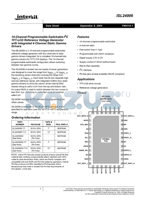 ISL24006IR-T13 datasheet - 14-Channel Programmable Switchable I2C TFT-LCD Reference Voltage Generator with Integrated 4-Channel Static Gamma Drivers