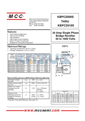 KBPC2506S datasheet - 25 Amp Single Phase Bridge Rectifier 50 to 1000 Volts