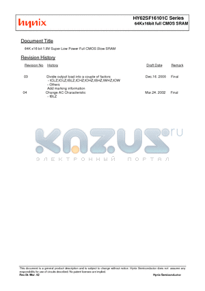 HY62SF16101C datasheet - HY62SF16101C Series 64Kx16bit full CMOS SRAM