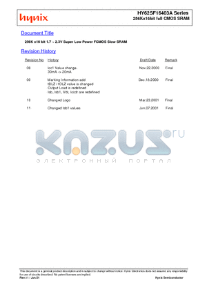 HY62SF16403ASLM-I datasheet - 256Kx16bit full CMOS SRAM