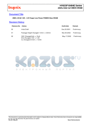 HY62SF16404E datasheet - 256K x16 bit 1.65 ~ 2.3V Super Low Power FCMOS Slow SRAM