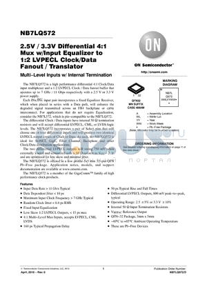 NB7LQ572MNG datasheet - 2.5V / 3.3V Differential 4:1 Mux w/Input Equalizer to 1:2 LVPECL Clock/Data Fanout / Translator