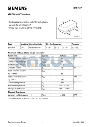 Q62702-F940 datasheet - NPN Silicon RF Transistor (For broadband amplifiers up to 1GHz at collector currents from 1mA to 20mA)