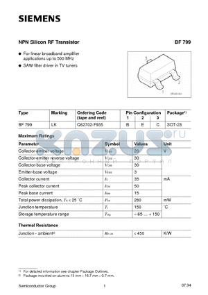 Q62702-F935 datasheet - NPN SILICON RF TRANSISTOR (For linear broadband amplifier applications up to 500 MHz SAW filter driver in TV tuners)