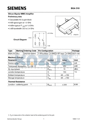 Q62702-G0041 datasheet - Silicon Bipolar MMIC-Amplifier (Cascadable 50 W-gain block 9 dB typical gain at 1.0 GHz 9 dBm typical P-1dB at 1.0 GHz 3 dB-bandwidth: DC to 2.4 GHz)