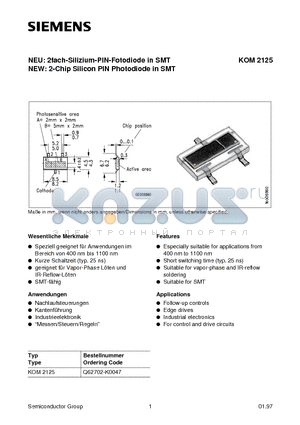 Q62702-K0047 datasheet - NEU: 2fach-Silizium-PIN-Fotodiode in SMT NEW: 2-Chip Silicon PIN Photodiode in SMT