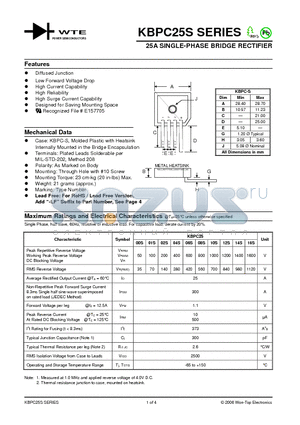 KBPC2508S datasheet - 25A SINGLE-PHASE BRIDGE RECTIFIER