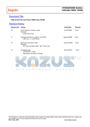 HY62U8100BLLG-I datasheet - 128K x8 bit 3.0V Low Power CMOS slow SRAM