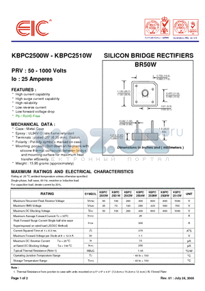 KBPC2508W datasheet - SILICON BRIDGE RECTIFIERS