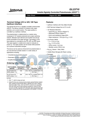 ISL23710 datasheet - Terminal Voltage -3V or -5V, 128 Taps Up/Down Interface