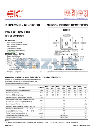 KBPC2510 datasheet - SILICON BRIDGE RECTIFIERS