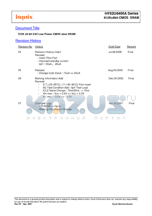 HY62U8400ALLT2 datasheet - 512Kx8bit CMOS SRAM