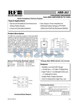 NBB-302-E datasheet - CASCADABLE BROADBAND GaAs MMIC AMPLIFIER DC TO 12GHz