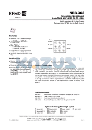 NBB-302-E datasheet - CASCADABLE BROADBAND GaAs MMIC AMPLIFIER DC TO 12GHz