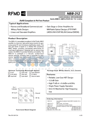 NBB-312-E datasheet - CASCADABLE BROADBAND GaAs MMIC AMPLIFIER DC TO 12GHz