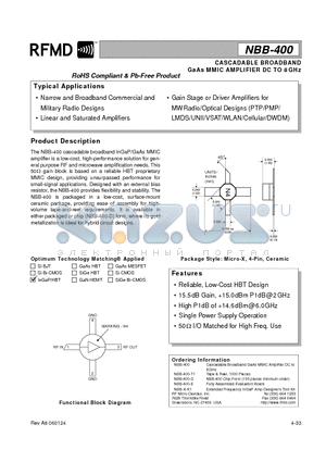 NBB-400 datasheet - CASCADABLE BROADBAND GaAs MMIC AMPLIFIER DC TO 8GHz