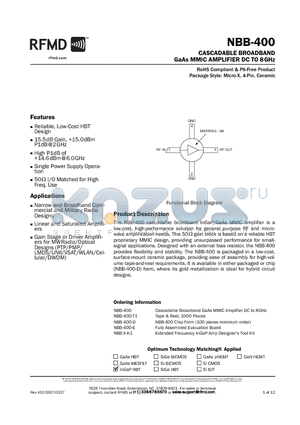 NBB-400 datasheet - CASCADABLE BROADBAND GaAs MMIC AMPLIFIER DC TO 8GHz