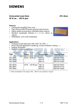 Q62702-P1733 datasheet - Unmounted Laser Bars 20 W cw ... 100 W qcw