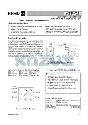 NBB-402-E datasheet - CASCADABLE BROADBAND GaAs MMIC AMPLIFIER DC TO 8GHz