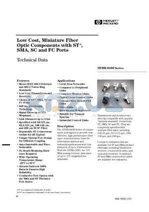 HFBR14E2HA datasheet - Low Cost, Miniature Fiber Optic Components with ST, SMA, SC and FC Ports