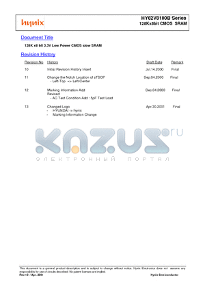 HY62V8100BLLST-E datasheet - 128K x8 bit 3.3V Low Power CMOS slow SRAM