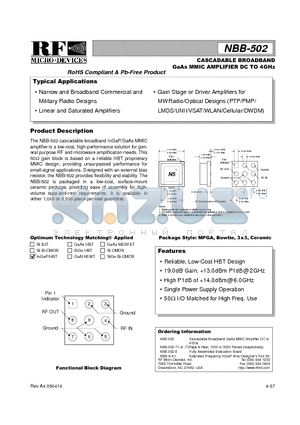 NBB-502-T3T datasheet - CASCADABLE BROADBAND GaAs MMIC AMPLIFIER DC TO 4GHz