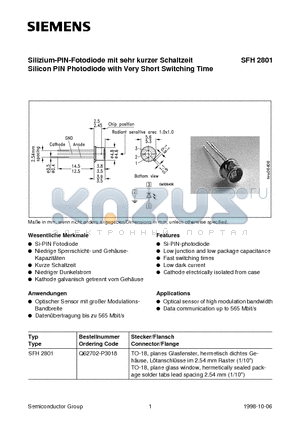 Q62702-P3018 datasheet - Silizium-PIN-Fotodiode mit sehr kurzer Schaltzeit Silicon PIN Photodiode with Very Short Switching Time