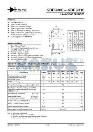 KBPC302 datasheet - 3.0A BRIDGE RECTIFIER