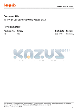 HY64SD16162B datasheet - 1M x 16 bit Low Low Power 1T/1C Pseudo SRAM