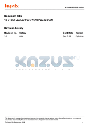 HY64UD16162B-DF60E datasheet - 1M x 16 bit Low Low Power 1T/1C Pseudo SRAM