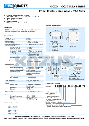 OC22E12A-10.000-0.10-20 datasheet - AT-Cut Crystal - Sine Wave - 12.0 Volts