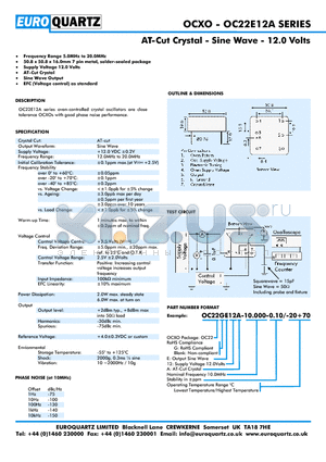 OC22GE12A-10.000-0.10-20 datasheet - AT-Cut Crystal - Sine Wave - 12.0 Volts