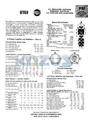 HY69 datasheet - R-F OSCILLATOR-AMPLIFIER FREQUENCY MULTIPLIER, A-F AMPLIFIER AND MODULATOR