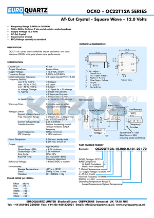 OC22T12A-10.000-0.10-20 datasheet - AT-Cut Crystal - Square Wave - 12.0 Volts