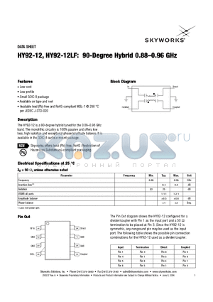 HY92-12LF datasheet - 90-Degree Hybrid 0.88-0.96 GHz