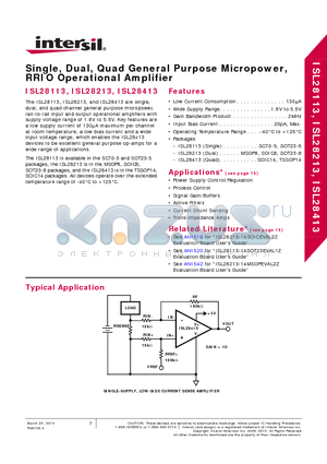 ISL28113FEZ-T7 datasheet - Single, Dual, Quad General Purpose Micropower,RRIO Operational Amplifier