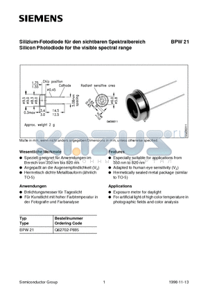 Q62702-P885 datasheet - Silicon Photodiode for the visible spectral range