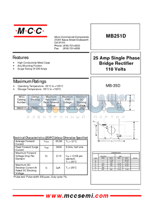 MB251D datasheet - 25 Amp Single Phase Bridge Rectifier 110 Volts