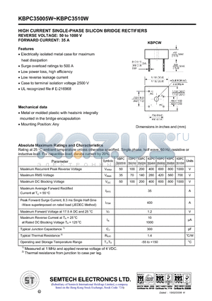 KBPC35005W datasheet - HIGH CURRENT SINGLE-PHASE SILICON BRIDGE RECTIFIERS