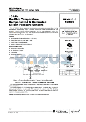 MPXM2010GST1 datasheet - 10 KPA ON CHIP TEMPERATURE COMPENSATED CALIBRATED SILICON PRESSURE SENSORS