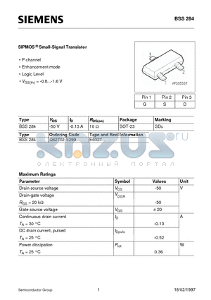 Q62702-S299 datasheet - SIPMOS Small-Signal Transistor (P channel Enhancement mode Logic Level)
