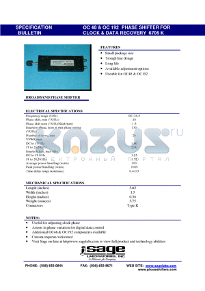 OC48 datasheet - OC 48 & OC 192 PHASE SHIFTER FOR CLOCK & DATA RECOVERY 6705 K