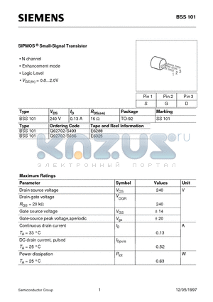 Q62702-S493 datasheet - SIPMOS Small-Signal Transistor (N channel Enhancement mode Logic Level)