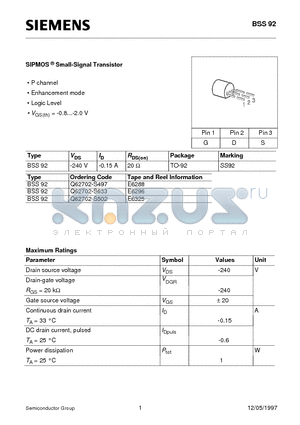 Q62702-S497 datasheet - SIPMOS Small-Signal Transistor (P channel Enhancement mode Logic Level)