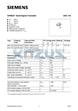 Q62702-S612 datasheet - SIPMOS Small-Signal Transistor (N channel Depletion mode High dynamic resistance)