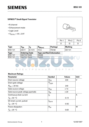 Q62702-S636 datasheet - SIPMOS Small-Signal Transistor (N channel Enhancement mode Logic Level)