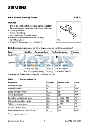 Q62702A1173 datasheet - HiRel Silicon Schottky Diode (HiRel Discrete and Microwave Semiconductor General-purpose diodes for high-speed switching)