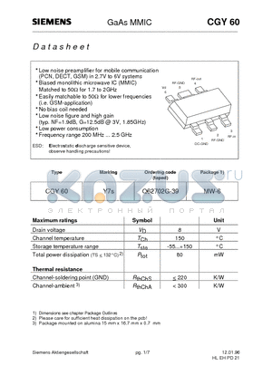 Q62702G-39 datasheet - GaAs MMIC (Low noise preamplifier for mobile communication PCN, DECT, GSM in 2.7V to 6V systems)